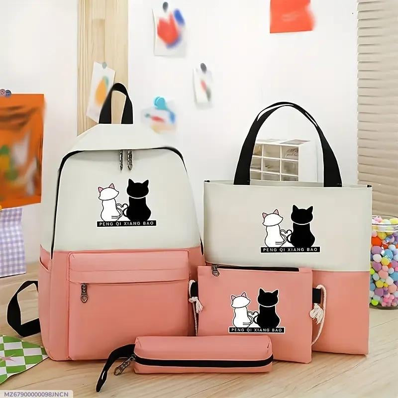 Cute Cat Print 5-in-1 School Bag Set for Girls